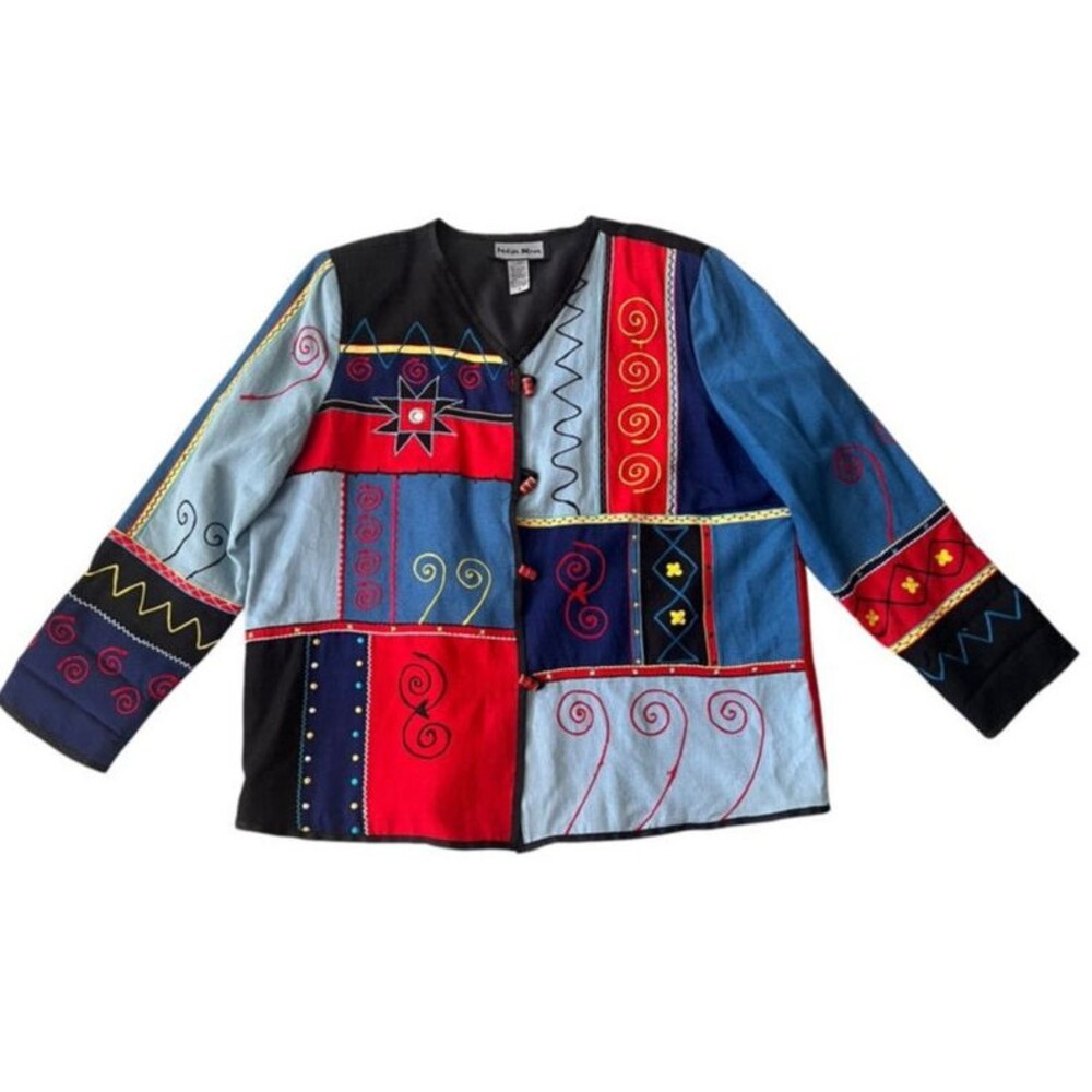 Indigo Moon Patchwork Colorblock Boho Hippie Art to Wear Blazer Jacket Large